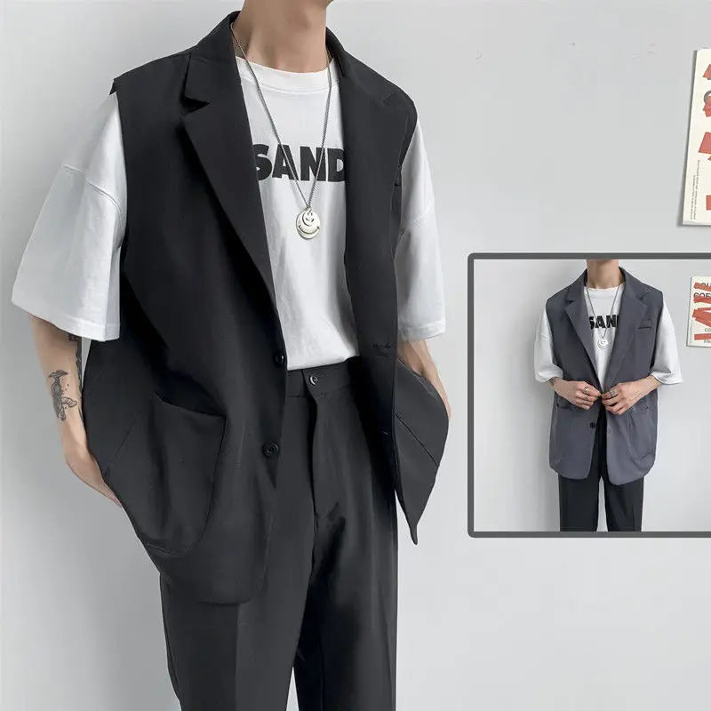 saferido Spring Suit Vest Men's Fashion Gray Black Dress Jacket Men Suit Jacket Korean Loose Business Society Mens Blazer Vest M-2XL