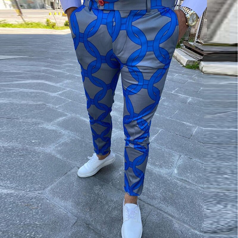 Spring Men Pants Business Slim Fit Beltless Plaid Stripe Print Suit Pants Autumn Buttoned Streetwear Male Trousers Harajuku