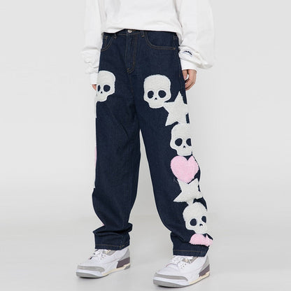 Skull and Five Stars Towel Embroidery Ripped Jeans Mens Pants Harajuku Vibe Style Streetwear Oversize Casual Denim Trousers