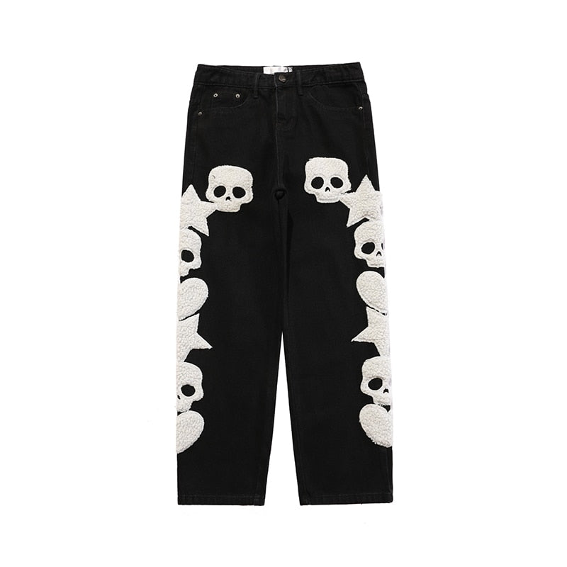 Skull and Five Stars Towel Embroidery Ripped Jeans Mens Pants Harajuku Vibe Style Streetwear Oversize Casual Denim Trousers