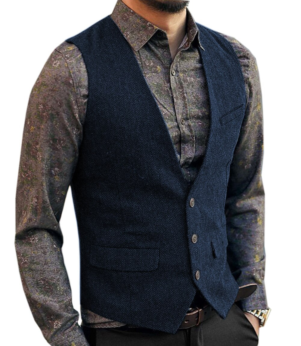 saferido       Men's Vest Suit Boutique Wool Tweed Slim Fit Leisure Cotton Male Gentleman Beckham Business Waistcoat For Wedding Groomsmen