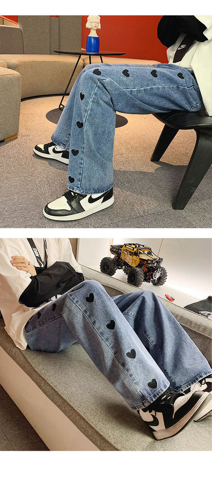 Men's Baggy Homme Straight Pants love Printing Jeans Fashion Blue/black Casual Pants Biker Denim Loose Trousers M-2XL