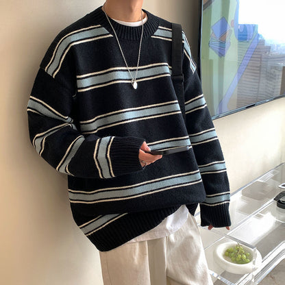 saferido       Striped Sweater Men Round Neck Winter Pullover Sweater Korean Fashion Harajuku Loose Wild Long Sleeve Sweater Oversize