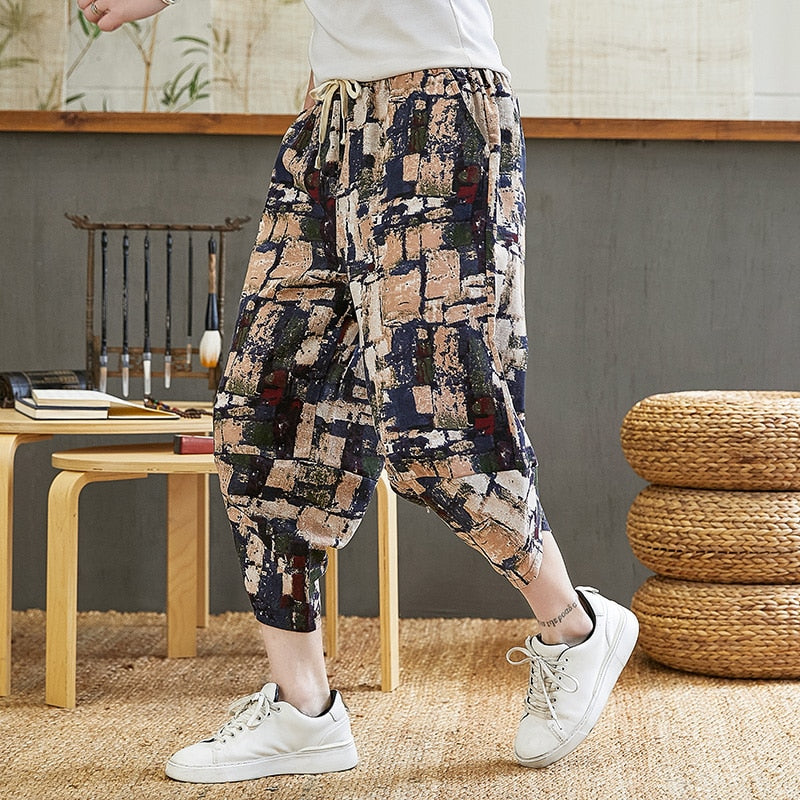 Baggy Cotton Harem Pants Men Summer Japanese Men Women Hip Hop Plus Size Wide Leg Pants Bloomers Calf-Length Pants Joggers