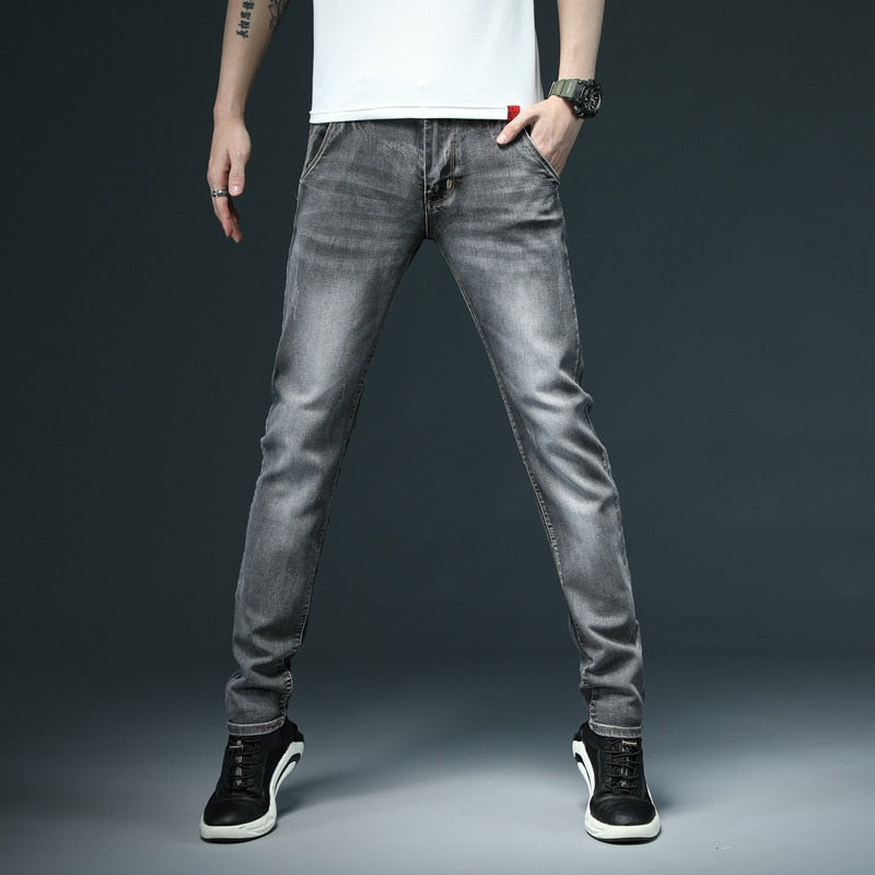 Men's Skinny White Jeans Fashion Casual Elastic Cotton Slim Denim Pants Male Brand Clothing Black Gray Khaki