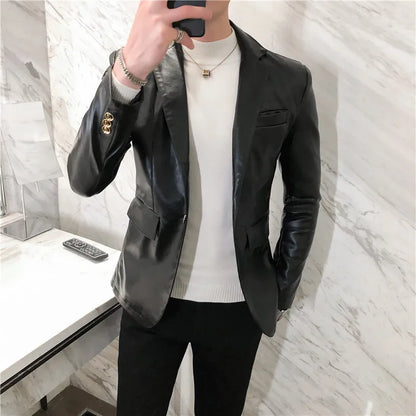 saferido Blazer Hombre PU Leather Jackets Men Fashion Solid Slim Fit One Button Business Casual Blazers For Men Korean style Suit Jacket