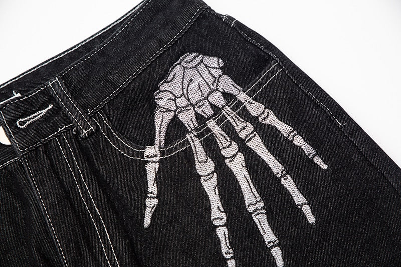 Retro Skull Hand Bone Embroidery Washed Mens Jeans Pants Vibe Style Straight Casual Oversize Denin Trousers Streetwear