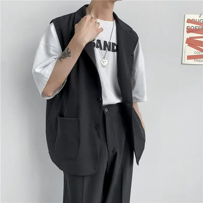 saferido Spring Suit Vest Men's Fashion Gray Black Dress Jacket Men Suit Jacket Korean Loose Business Society Mens Blazer Vest M-2XL