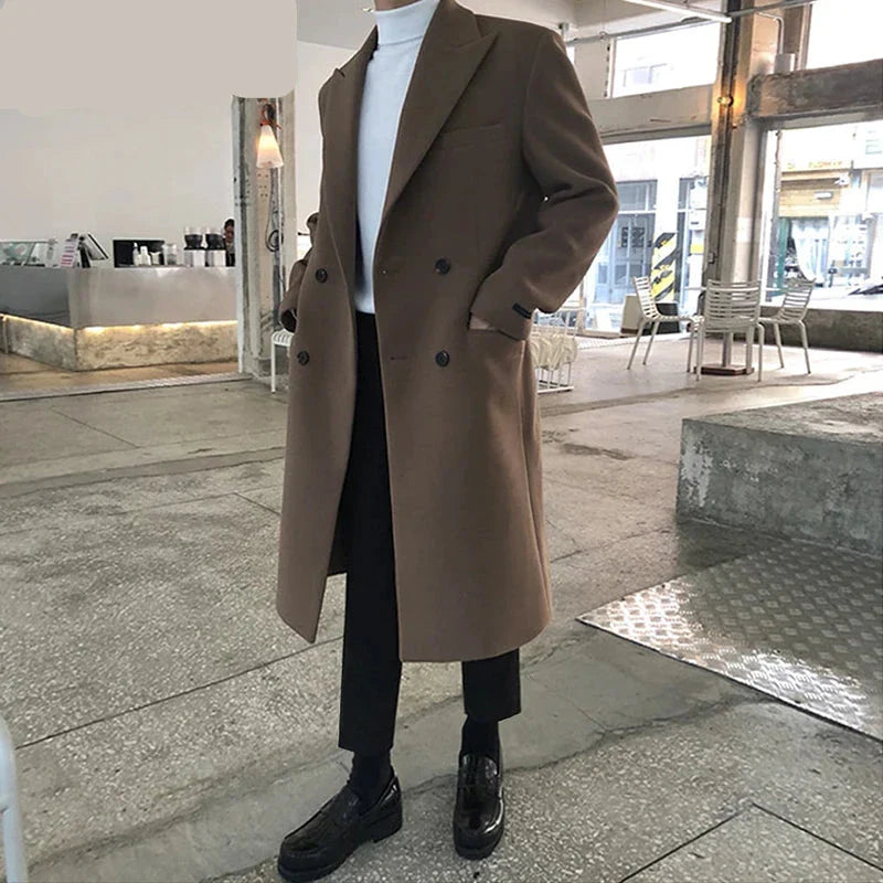 Men's Autumn Winter Mid Length Woolen Coat New Korean Tide Black Thickned Overcoat Long Sleeve Double-breasted Jackets