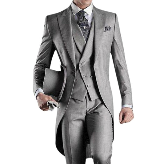 Gray Wedding Men Tail Coat 3 Piece Groom Tuxedo for Formal Prom Male Suits Fashion Set Jacket with Pants Vest