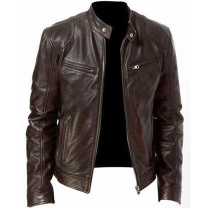 Mens Fashion Leather Jacket Slim Fit Stand Collar PU Jacket Male Anti-wind Motorcycle Lapel Diagonal Zipper Jackets Men