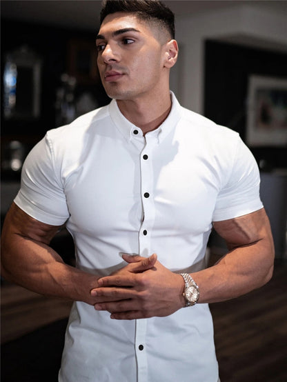 Summer Fashion Short Sleeve Shirt Men Super Slim Fit Male Casual Social Business Dress Shirt Brand Men Fitness Sports Clothing