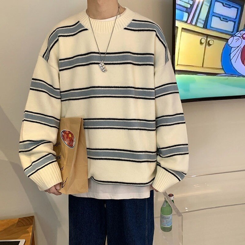 saferido       Striped Sweater Men Round Neck Winter Pullover Sweater Korean Fashion Harajuku Loose Wild Long Sleeve Sweater Oversize