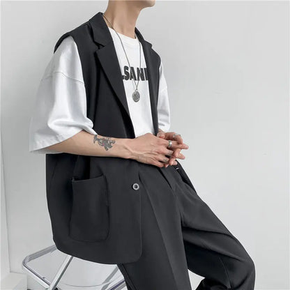 saferido Spring Suit Vest Men's Fashion Gray Black Dress Jacket Men Suit Jacket Korean Loose Business Society Mens Blazer Vest M-2XL