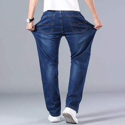 New Classic Men's Thin Blue Jeans Advanced Stretch Loose Straight Denim Trousers Male Brand Pants Plus Size 40 42 44