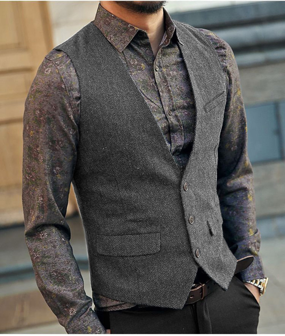 saferido       Men's Vest Suit Boutique Wool Tweed Slim Fit Leisure Cotton Male Gentleman Beckham Business Waistcoat For Wedding Groomsmen