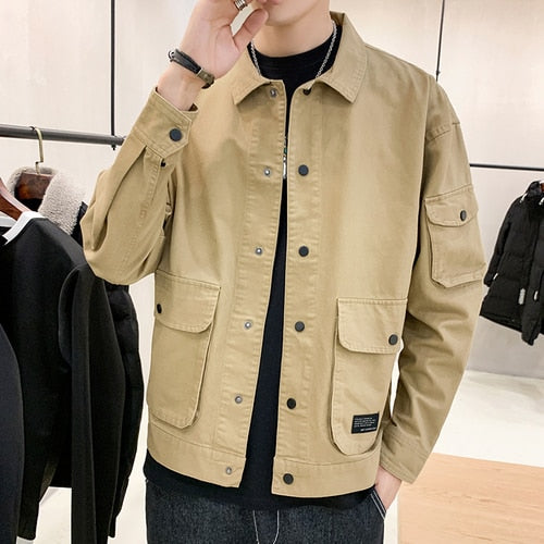 Large Size Jackets Men Basic Soft Letter Pockets Autumn Wind Breaker Turn-down Collar Teenagers S-4XL Cargo Outwear