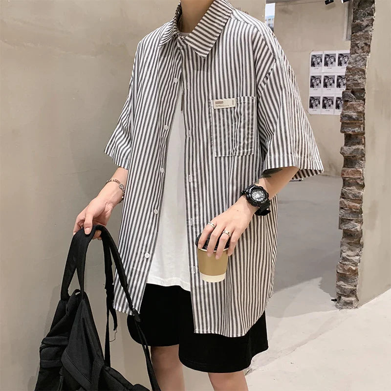 saferido Rocking k Summer Stripe Shirt Men's Korean fashion ins short sleeve shirt men's BF Harajuku handsome top loose casual coat