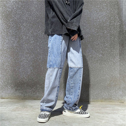 Korean Style Fashion Men's Denim Wide-leg Pants New Autumn Loose Straight-leg Jeans Paneled Denim Trousers Male