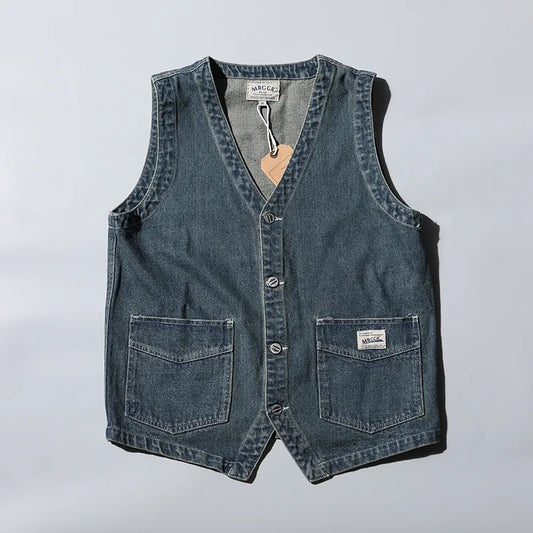 Retro Denim Vest Men Sleeveless Cargo Harajuku Style Tooling Jean Jacket Cowboy Fashion Wasitcoat Men'S Clothing