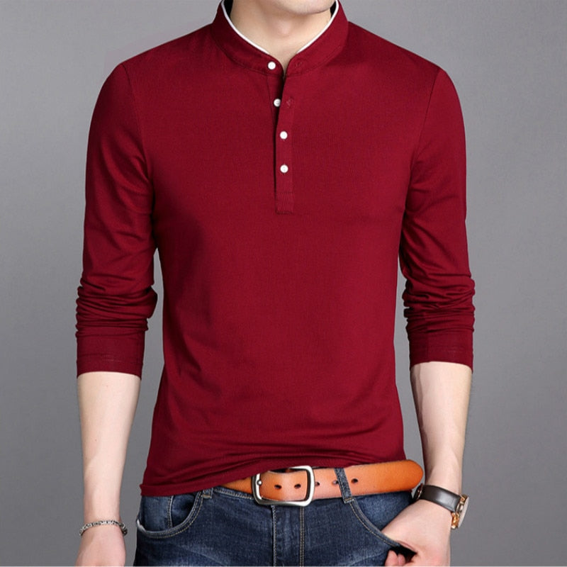 Spring Men's Long Sleeve T Shirts Half Buttons Stand Collar Cotton Pullovers Solid Casual Tops Comfy Korea Tide Slim Thin Tees