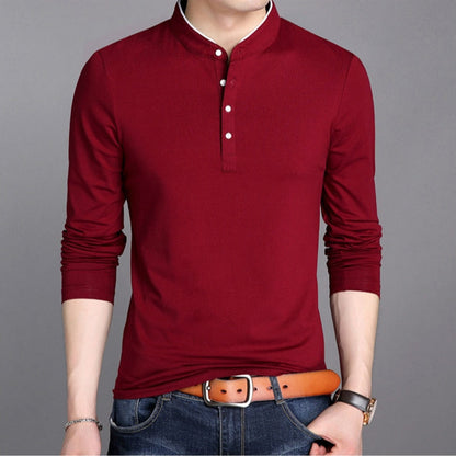 Spring Men's Long Sleeve T Shirts Half Buttons Stand Collar Cotton Pullovers Solid Casual Tops Comfy Korea Tide Slim Thin Tees