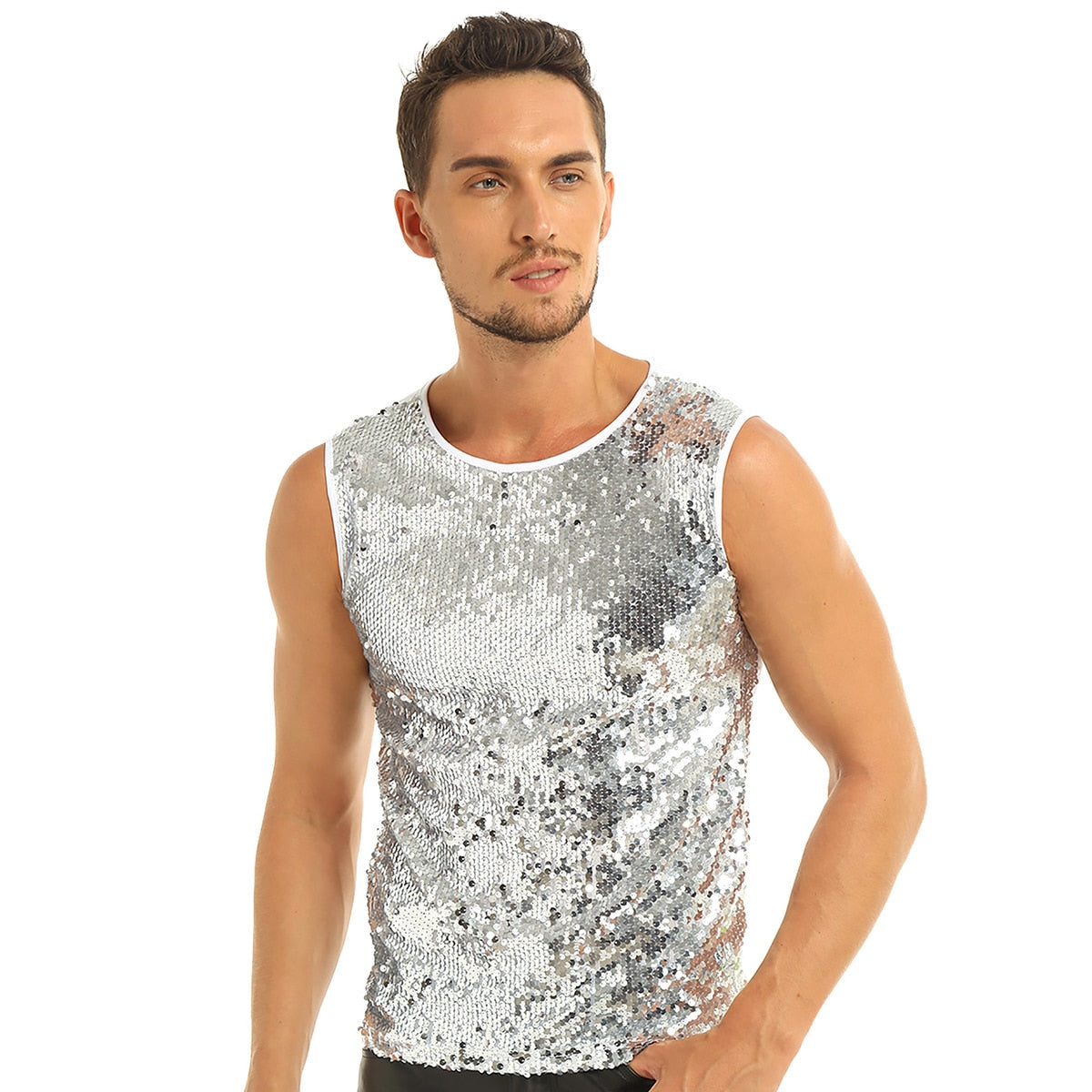 Mens Tank Tops Summer Sleeveless Crew Neck Sequin Slim Fitted Vest Tank Top Tee T-shirts Festival Rave Party Clubwear