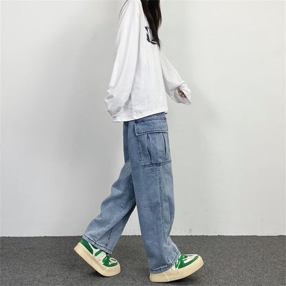 Men Jean Pants Japanese Retro Washed Straight Wide-Leg Jeans Loose Big Pocket Couple Hip Hop Street Denim Pants Male