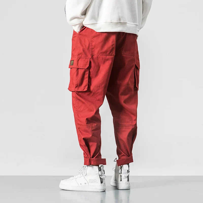 saferido Cotton Men Multi-pocket Elastic Waist Design Harem Pant Street Punk Hip Hop Red Casual Trousers Joggers Male Army Cargo Pants