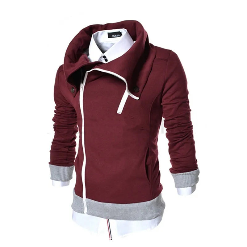 Men's Fashion Diagonal Zipper Pullover Hooded Color Matching Sweater Casual Jacket