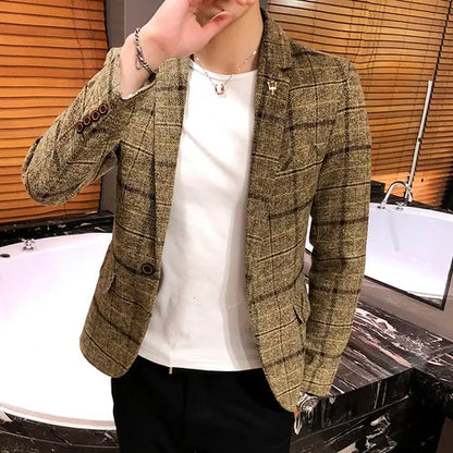 2021 new men's casual plaid suit jacket male linen plaid business self-cultivation wedding dress party suit coat plus Size S-4XL