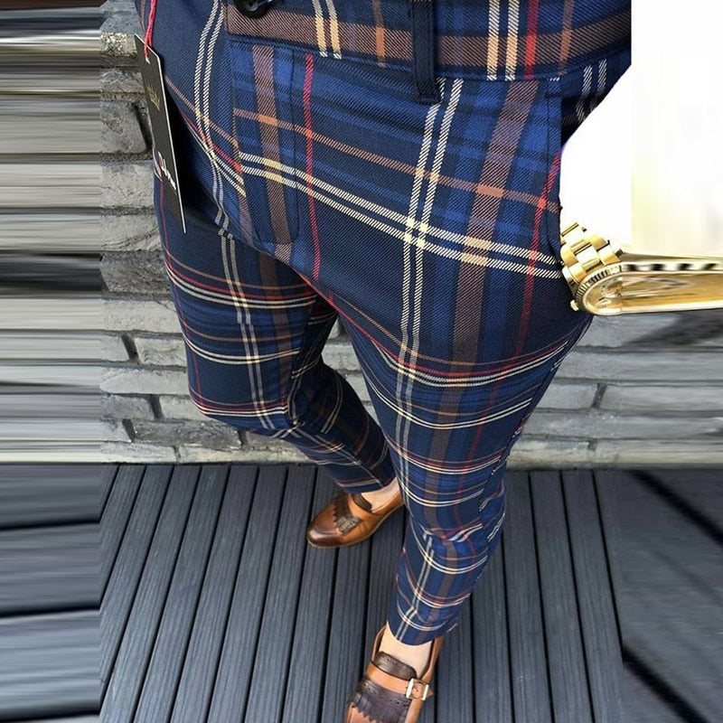 Spring Men Pants Business Slim Fit Beltless Plaid Stripe Print Suit Pants Autumn Buttoned Streetwear Male Trousers Harajuku