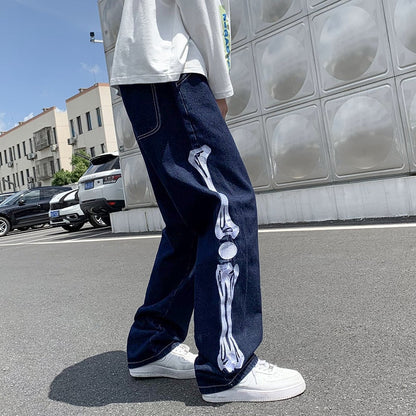 Straight Jean Pants Man Skeleton Embroidery  Mopping Trousers Mens Streetwear Denim Pants Men's Clothing Jeans for Men Man Baggy