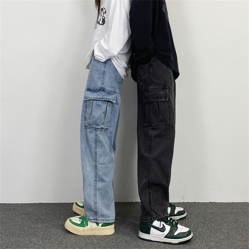 Men Jean Pants Japanese Retro Washed Straight Wide-Leg Jeans Loose Big Pocket Couple Hip Hop Street Denim Pants Male