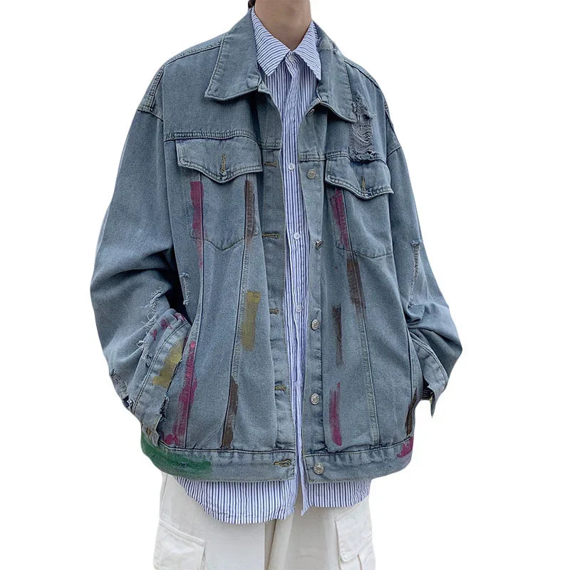 saferido Pierced denim jacket men's Korean version high street splash couple's coat spring and autumn loose fashion versatile top