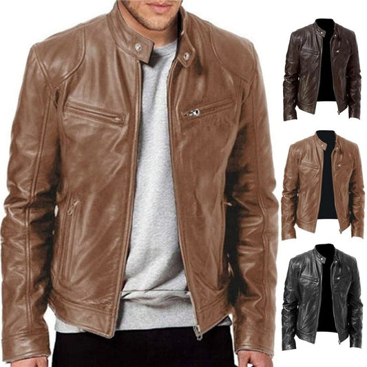 Mens Fashion Leather Jacket Slim Fit Stand Collar PU Jacket Male Anti-wind Motorcycle Lapel Diagonal Zipper Jackets Men