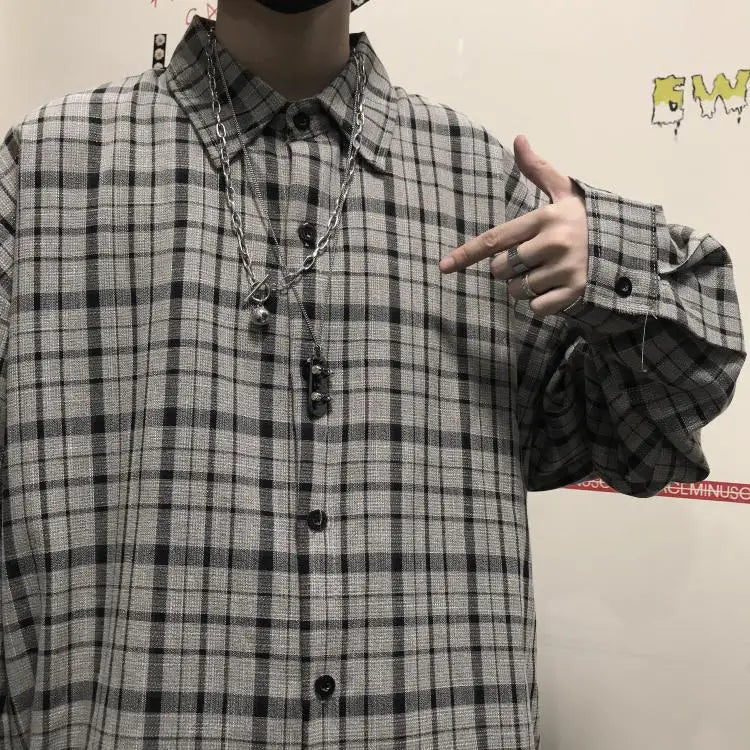 saferido HIP HOP Korean ins versatile Plaid loose oversize long sleeve shirt for men and camisa masculina gray shirts