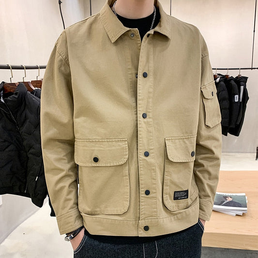 Large Size Jackets Men Basic Soft Letter Pockets Autumn Wind Breaker Turn-down Collar Teenagers S-4XL Cargo Outwear