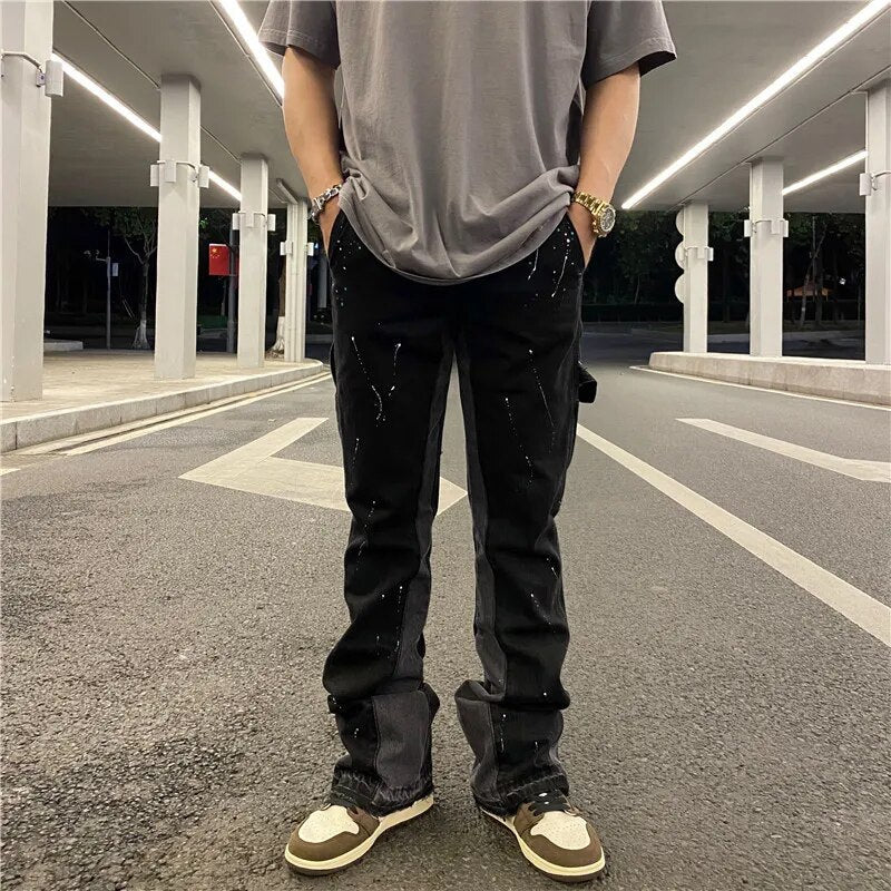 Streetwear Flared Pants Black Wide Leg Jeans Y2k Hip Hop Splashed Ink Jean Male Slim Patchwork Relaxed Fit Denim Pants for Men