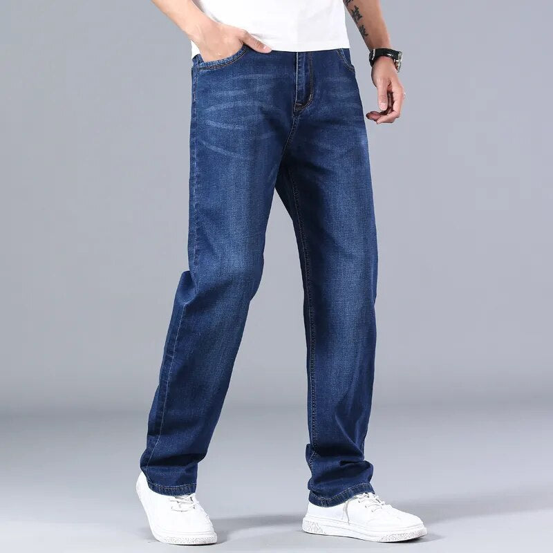 New Classic Men's Thin Blue Jeans Advanced Stretch Loose Straight Denim Trousers Male Brand Pants Plus Size 40 42 44