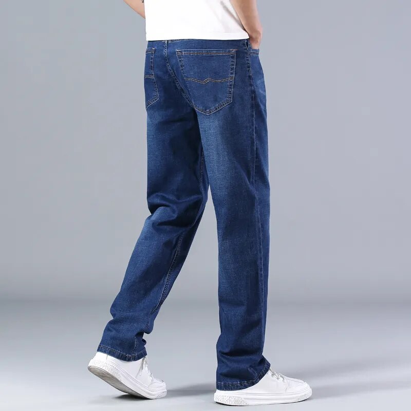 New Classic Men's Thin Blue Jeans Advanced Stretch Loose Straight Denim Trousers Male Brand Pants Plus Size 40 42 44