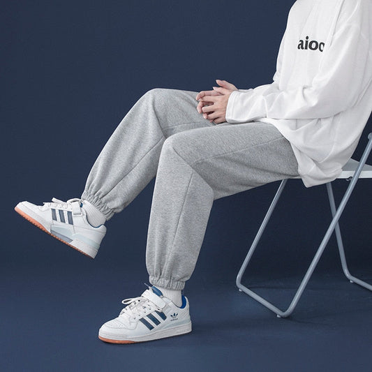 Korean Style Fashion Sweatpants New Autumn Light Gray Baggy Wide-leg Pants Straight-leg Casual Tie Feet Trousers Male