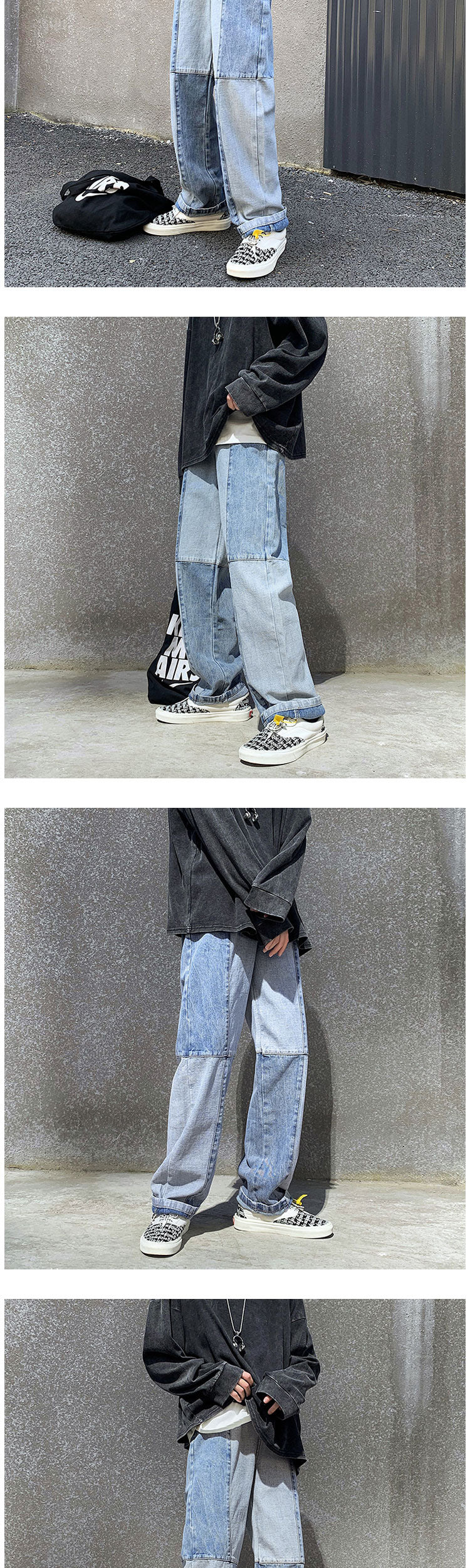 Korean Style Fashion Men's Denim Wide-leg Pants New Autumn Loose Straight-leg Jeans Paneled Denim Trousers Male