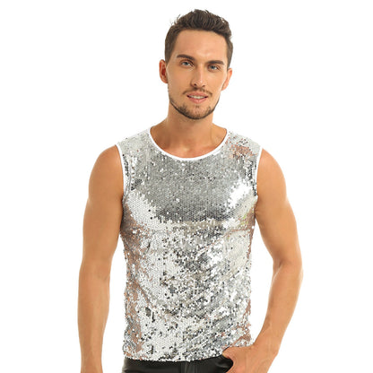 Mens Tank Tops Summer Sleeveless Crew Neck Sequin Slim Fitted Vest Tank Top Tee T-shirts Festival Rave Party Clubwear