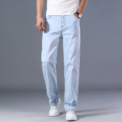 New Classic Men's Thin Blue Jeans Advanced Stretch Loose Straight Denim Trousers Male Brand Pants Plus Size 40 42 44