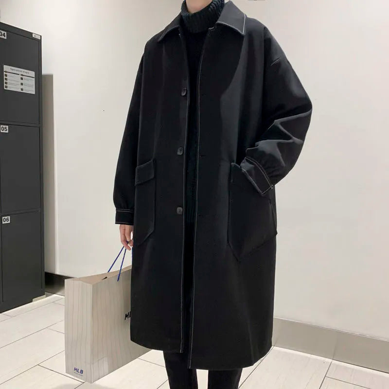 saferido Autumn Black Trench Coat Men's Fashion Casual Long Coat Men Streetwear Korean Loose Oversize Windbreaker Jacket Mens Overcoat