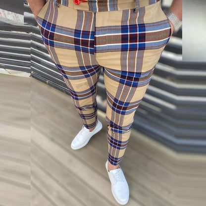 Spring Men Pants Business Slim Fit Beltless Plaid Stripe Print Suit Pants Autumn Buttoned Streetwear Male Trousers Harajuku