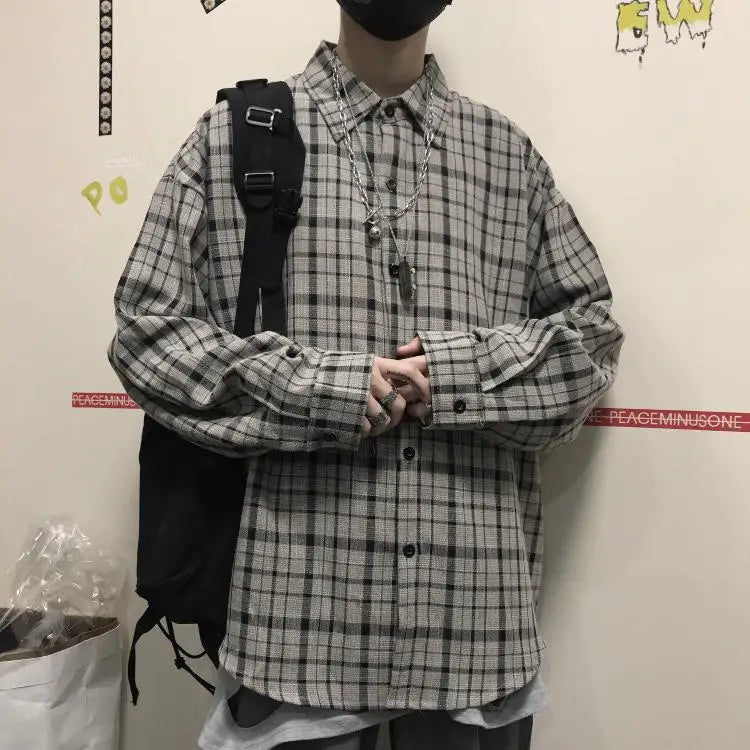 saferido HIP HOP Korean ins versatile Plaid loose oversize long sleeve shirt for men and camisa masculina gray shirts