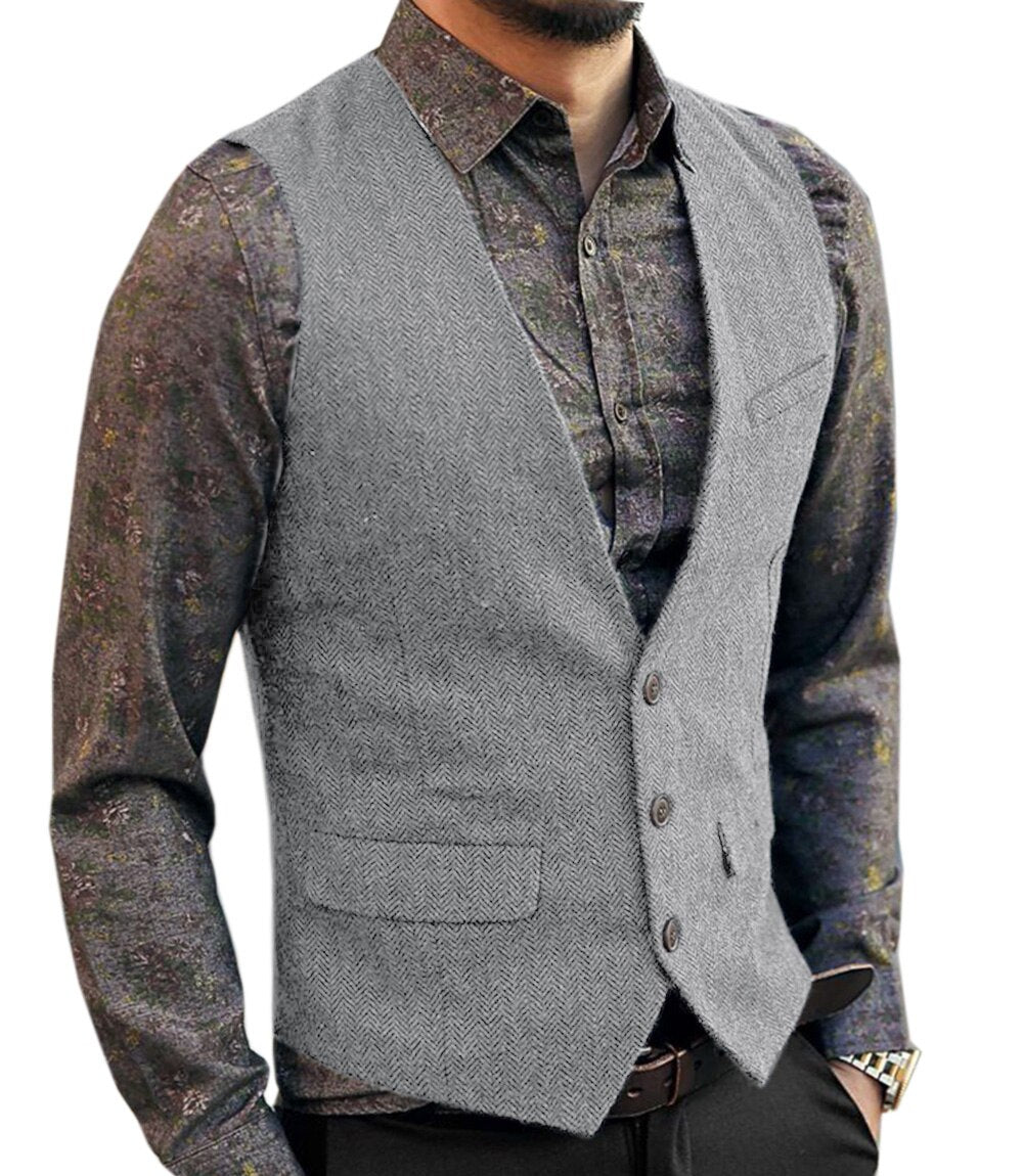 saferido       Men's Vest Suit Boutique Wool Tweed Slim Fit Leisure Cotton Male Gentleman Beckham Business Waistcoat For Wedding Groomsmen