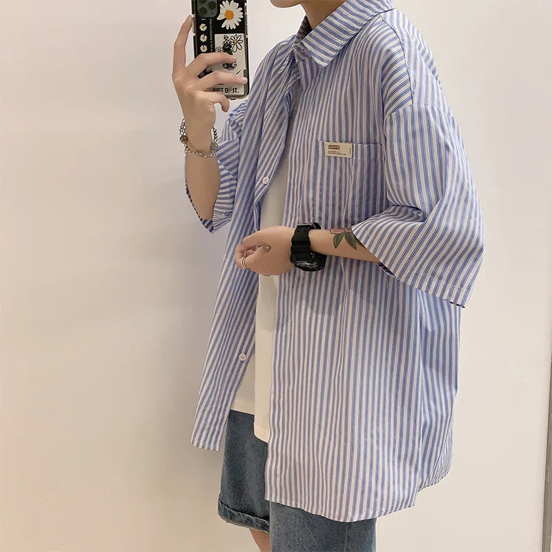 saferido Rocking k Summer Stripe Shirt Men's Korean fashion ins short sleeve shirt men's BF Harajuku handsome top loose casual coat